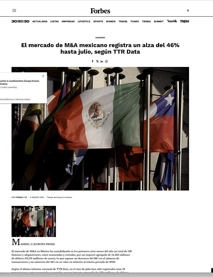 El mercado de M&A mexicano registra un alza del 46% hasta julio, segn TTR Data